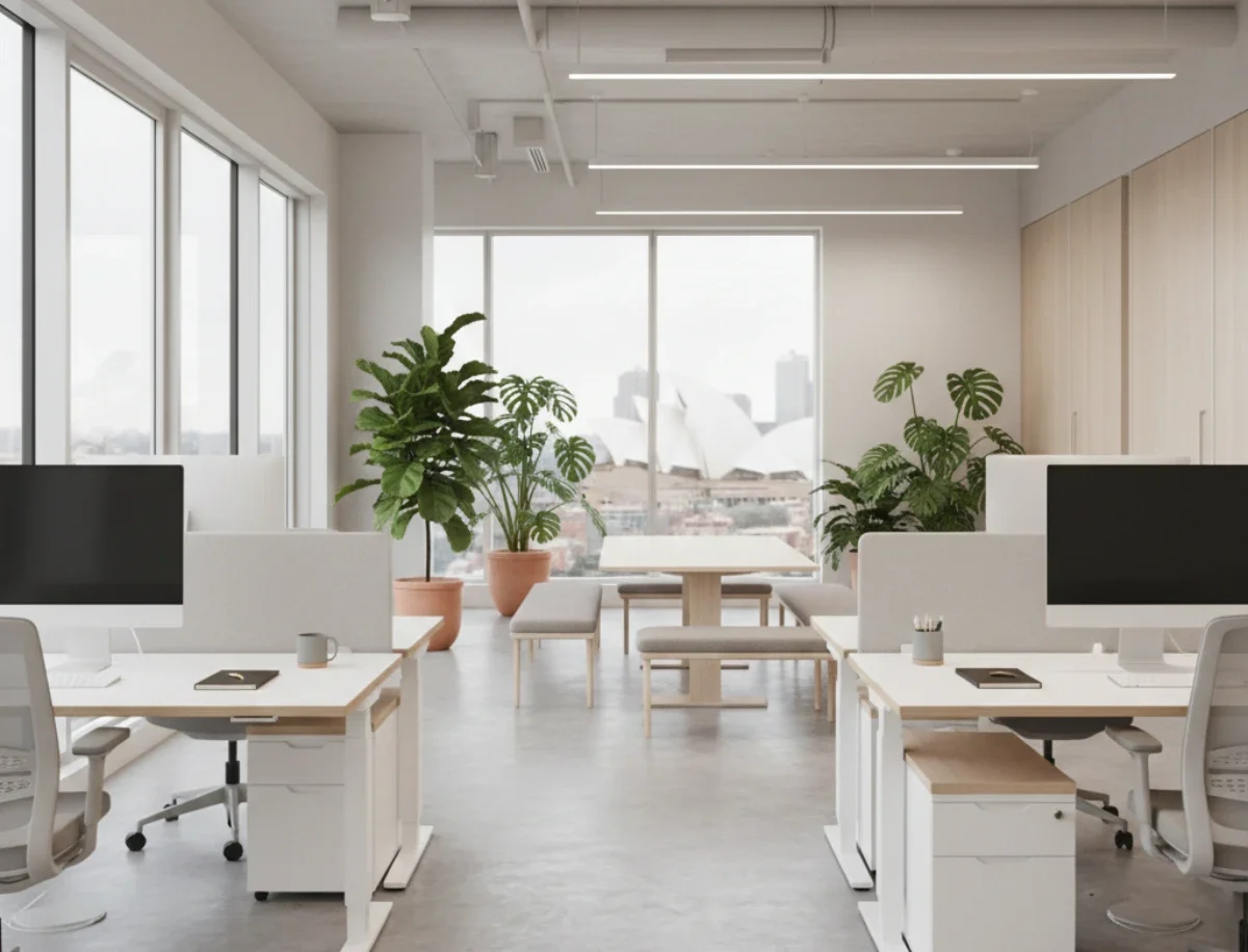 Australian minimalist office interior featuring neutral tones, natural light, indoor plants, and ergonomic desks designed for productivity and collaboration