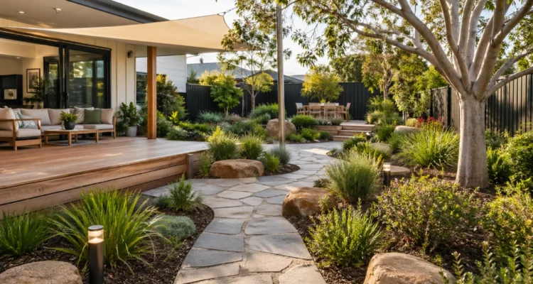 Modern Australian backyard with native plants, outdoor seating, garden paths, shade, and warm lighting for a landscaped outdoor space