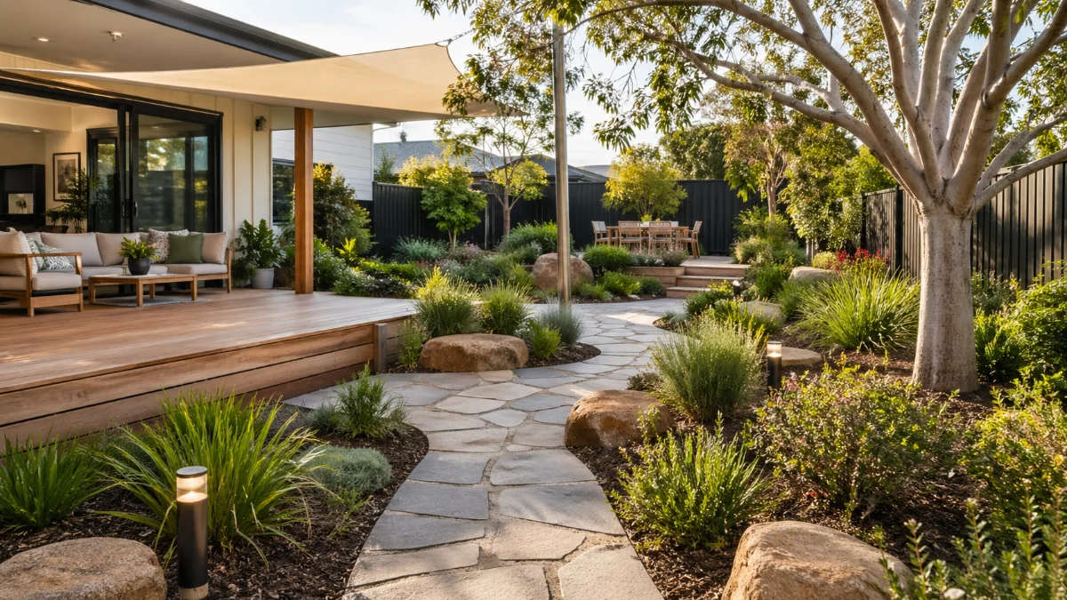 Modern Australian backyard with native plants, outdoor seating, garden paths, shade, and warm lighting for a landscaped outdoor space