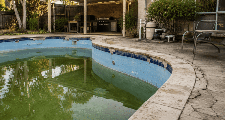 Australian backyard pool with cracks, loose tiles and worn surfaces showing signs it needs renovation.
