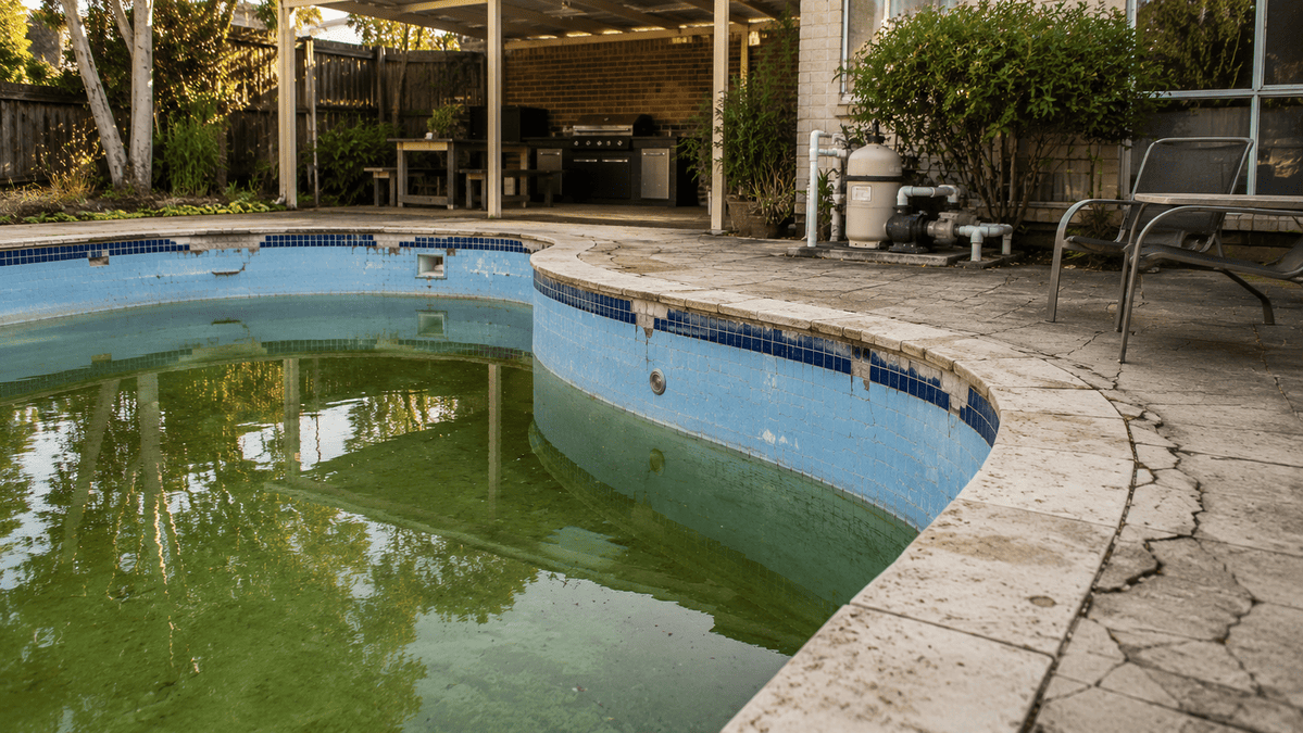 Australian backyard pool with cracks, loose tiles and worn surfaces showing signs it needs renovation.