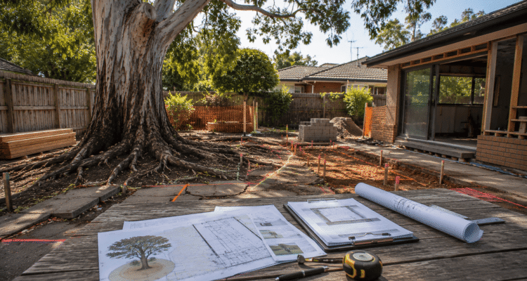 Arborist impact assessment documents beside a mature tree near a suburban home, showing root risks and construction planning.