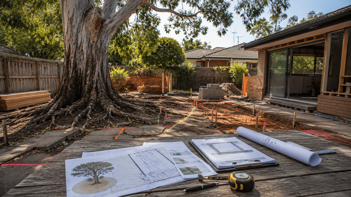 Arborist impact assessment documents beside a mature tree near a suburban home, showing root risks and construction planning.