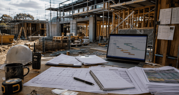 Construction site desk with plans, schedules and project documents managing residential and commercial building works.