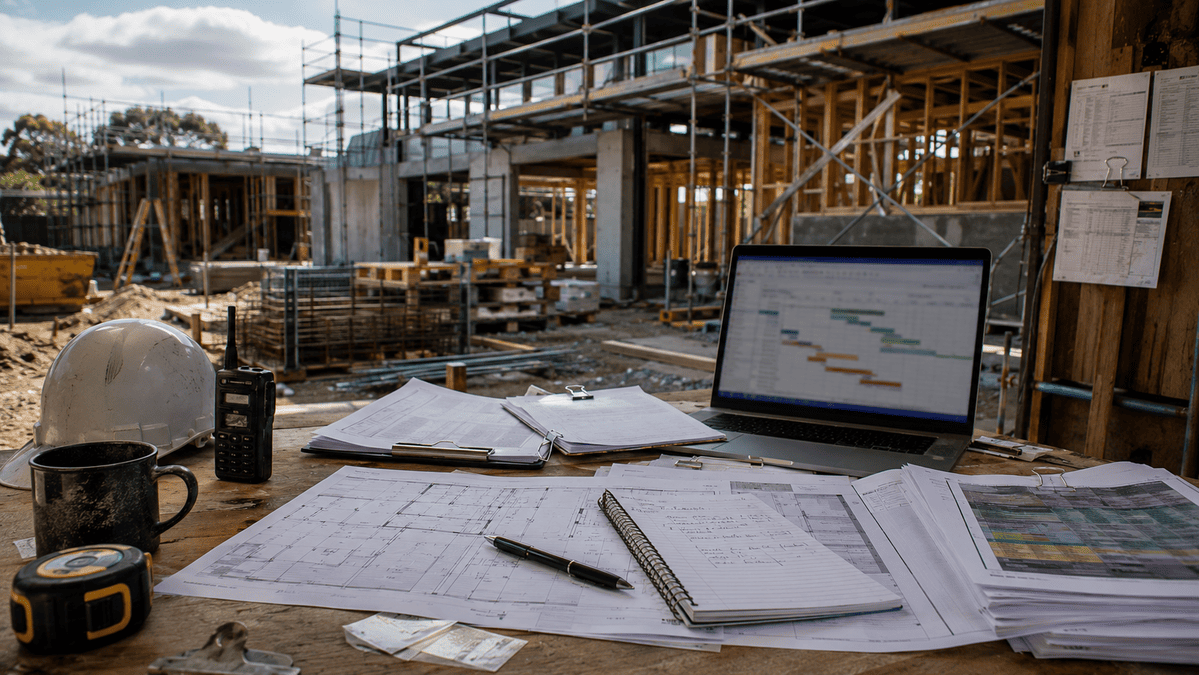 Construction site desk with plans, schedules and project documents managing residential and commercial building works.