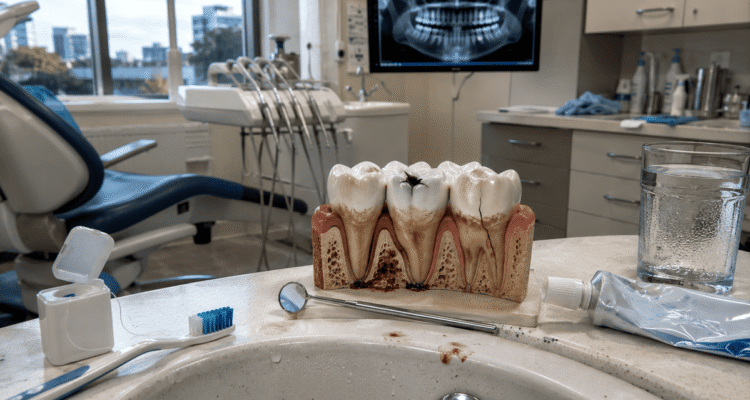 Realistic dental clinic scene showing a tooth model with decay, cleaning tools, and X-ray in the background, highlighting early oral health warning signs.