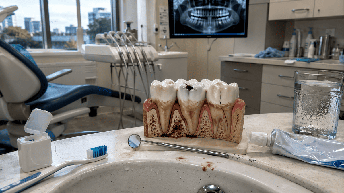 Realistic dental clinic scene showing a tooth model with decay, cleaning tools, and X-ray in the background, highlighting early oral health warning signs.