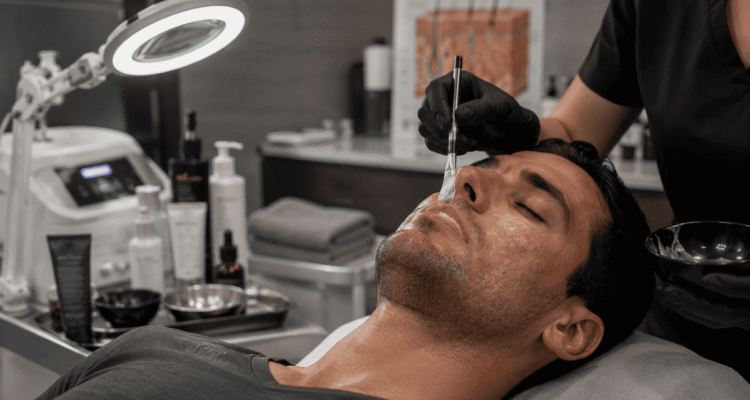 Male client receiving a professional facial treatment for rough, dry skin in an Australian skincare clinic.