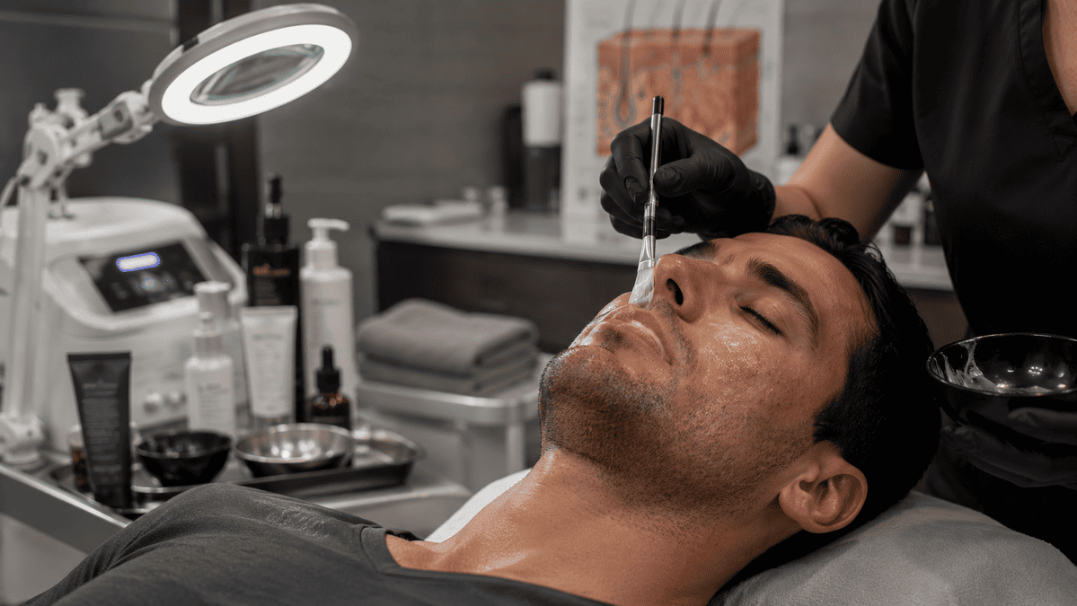 Male client receiving a professional facial treatment for rough, dry skin in an Australian skincare clinic.