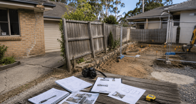 Dilapidation report setup between neighbouring Australian homes before construction begins, showing boundary cracks and site preparation.