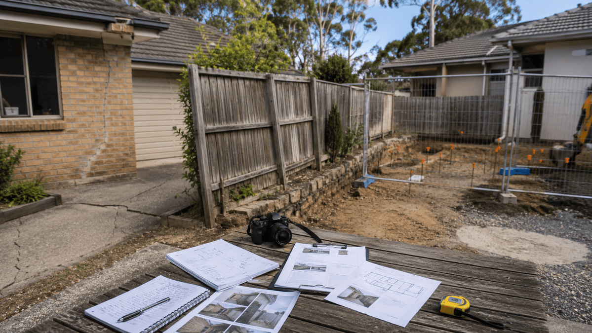 Dilapidation report setup between neighbouring Australian homes before construction begins, showing boundary cracks and site preparation.
