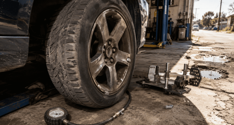 Close-up of a worn car tyre in an Australian workshop showing uneven tread wear, alignment tools, and visible road damage outside.