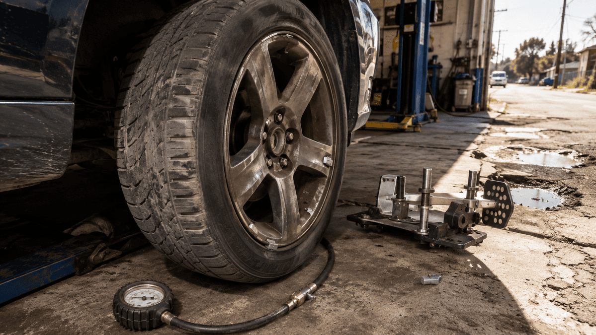 Close-up of a worn car tyre in an Australian workshop showing uneven tread wear, alignment tools, and visible road damage outside.