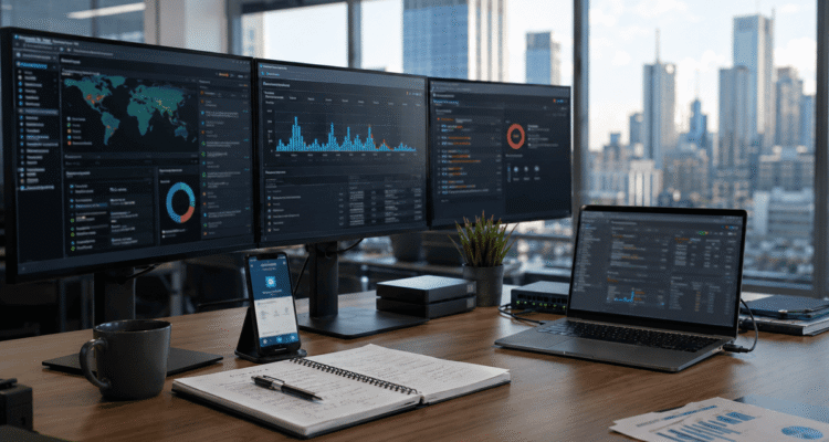 Modern office cybersecurity workspace showing threat monitoring, data protection and proactive security management.