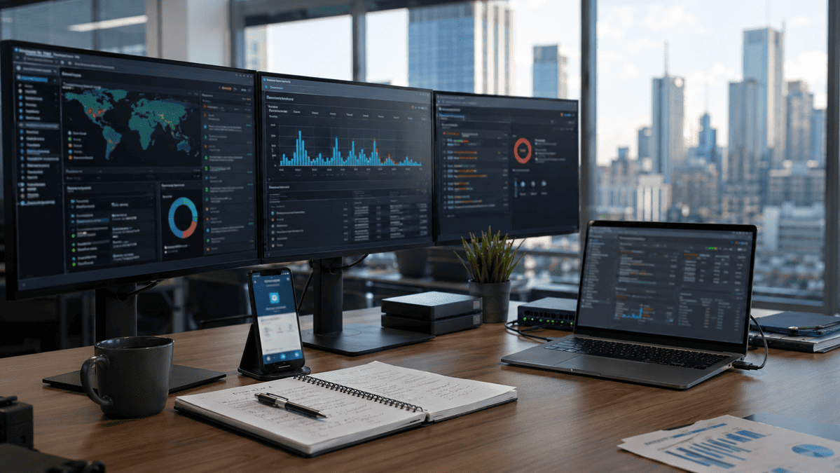 Modern office cybersecurity workspace showing threat monitoring, data protection and proactive security management.