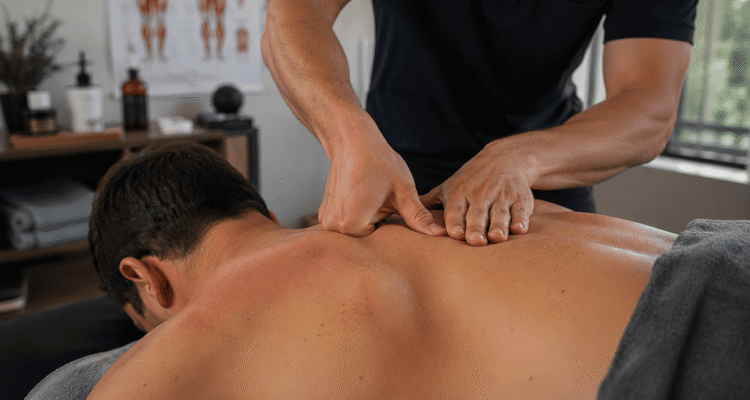 Therapist applying deep tissue massage to release a muscle knot in the upper back and shoulder.