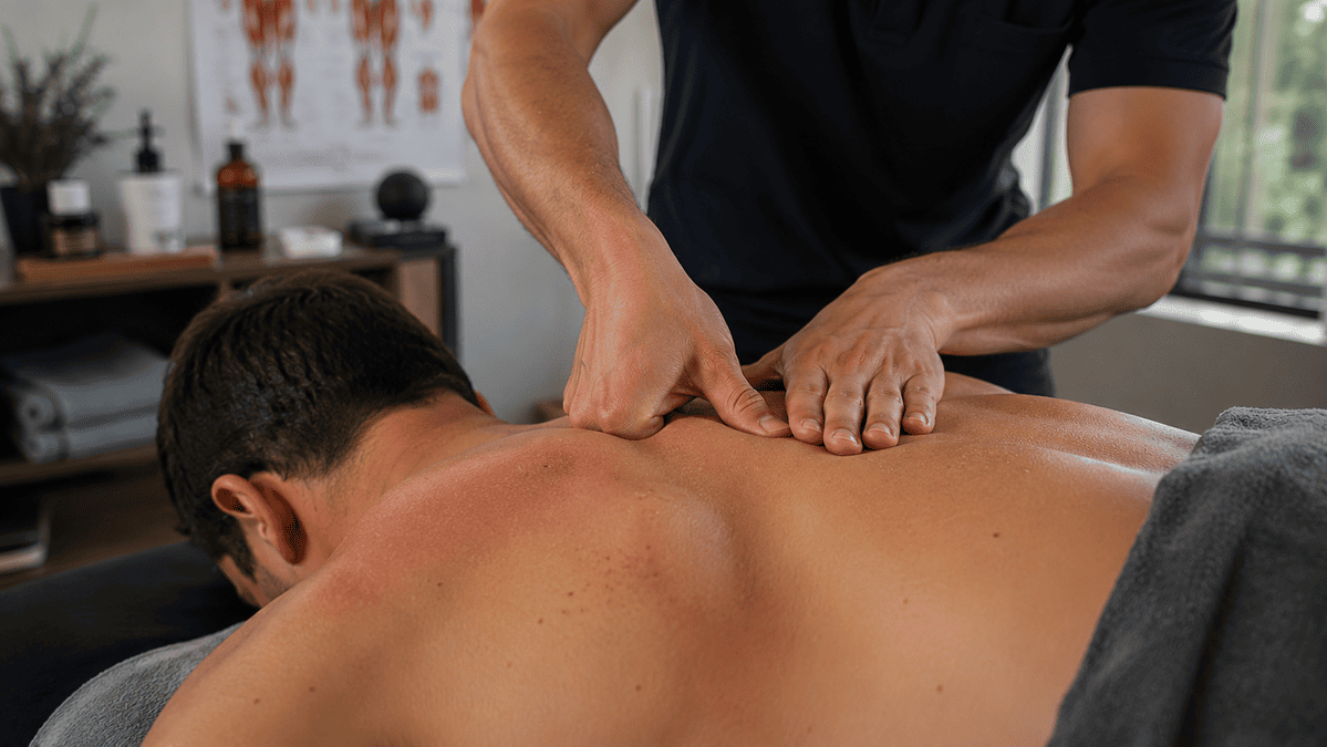 Therapist applying deep tissue massage to release a muscle knot in the upper back and shoulder.