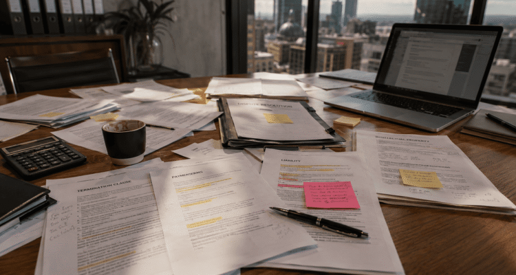 Business contracts and legal documents on an office desk highlighting hidden contract risks, payment terms, and liability issues.