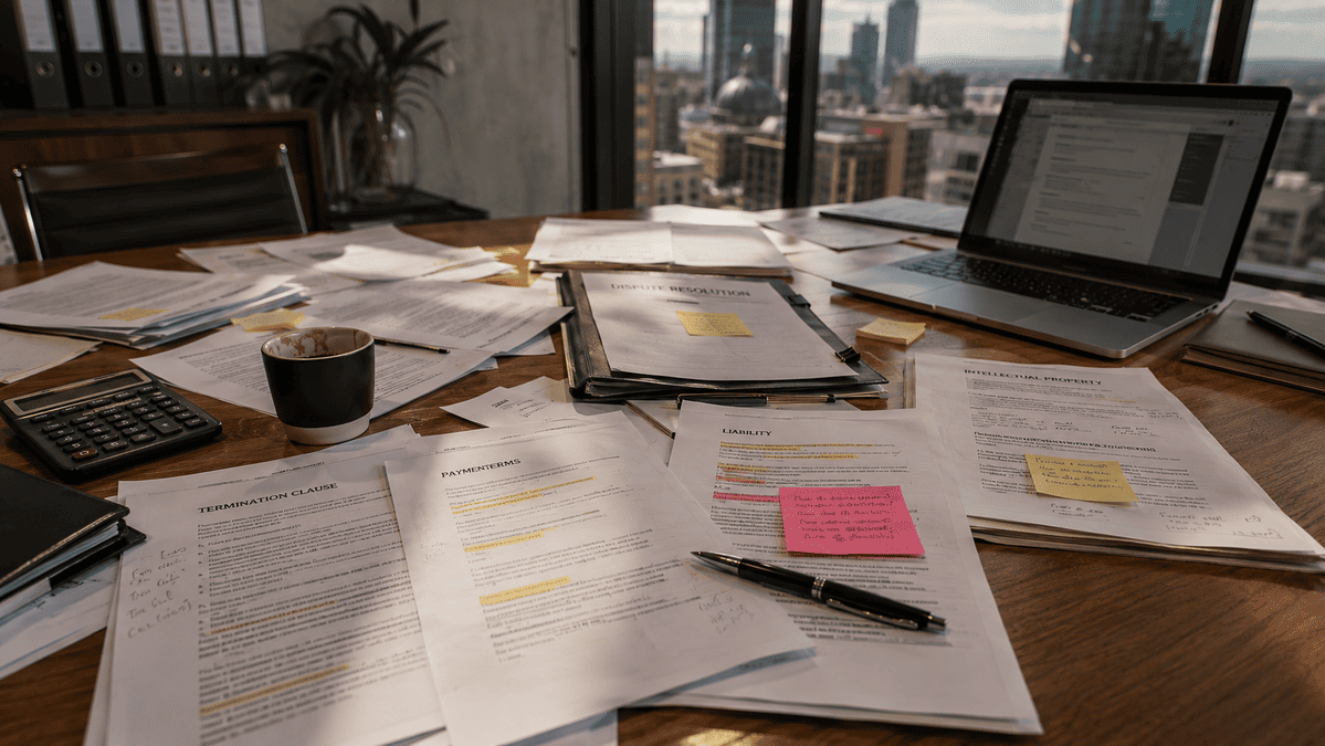 Business contracts and legal documents on an office desk highlighting hidden contract risks, payment terms, and liability issues.