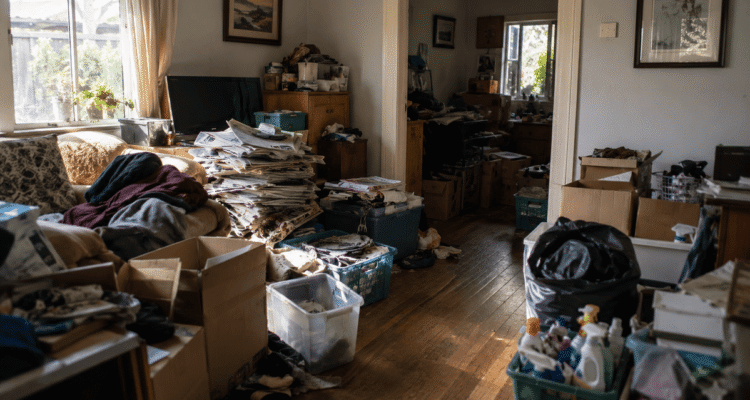 Cluttered Australian home undergoing structured hoarding cleanup and organisation.