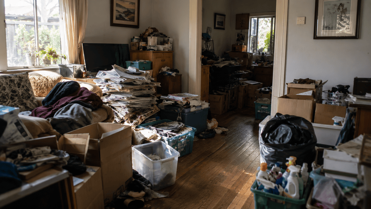 Cluttered Australian home undergoing structured hoarding cleanup and organisation.