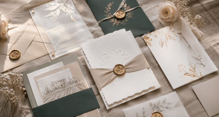 Luxury wedding invitation designs featuring foil, acrylic and textured paper printing styles.