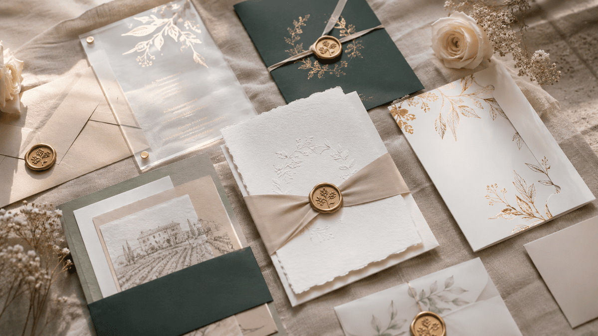 Luxury wedding invitation designs featuring foil, acrylic and textured paper printing styles.