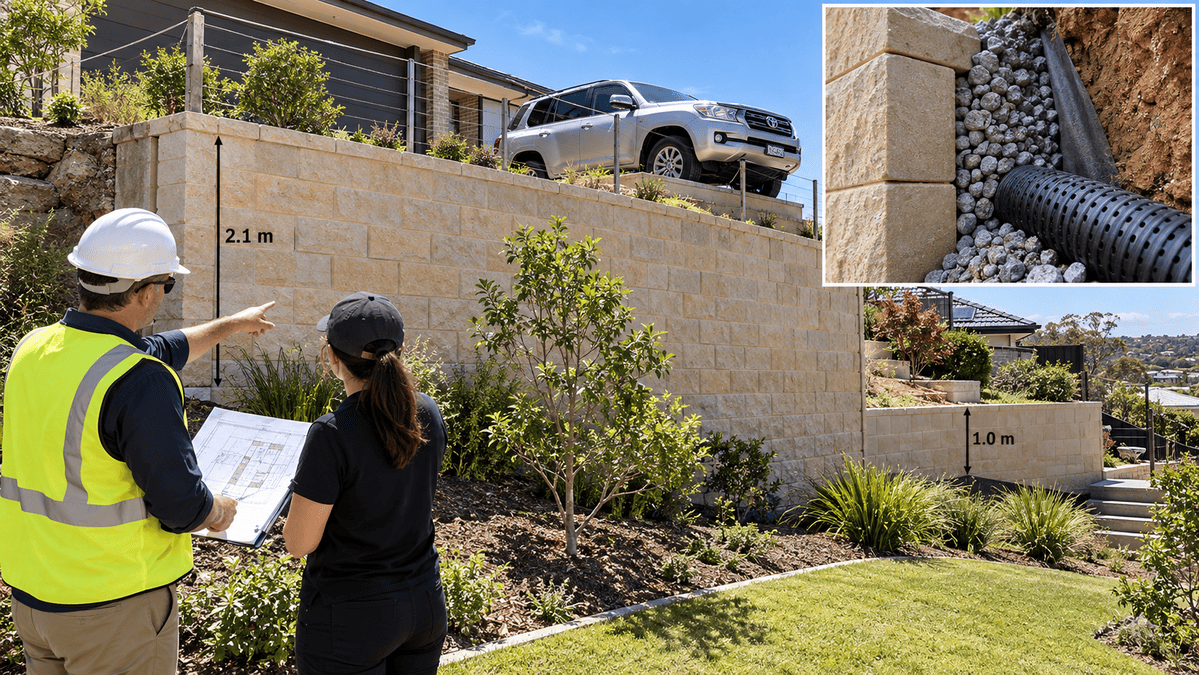 Retaining wall engineers inspecting a residential wall and drainage system.