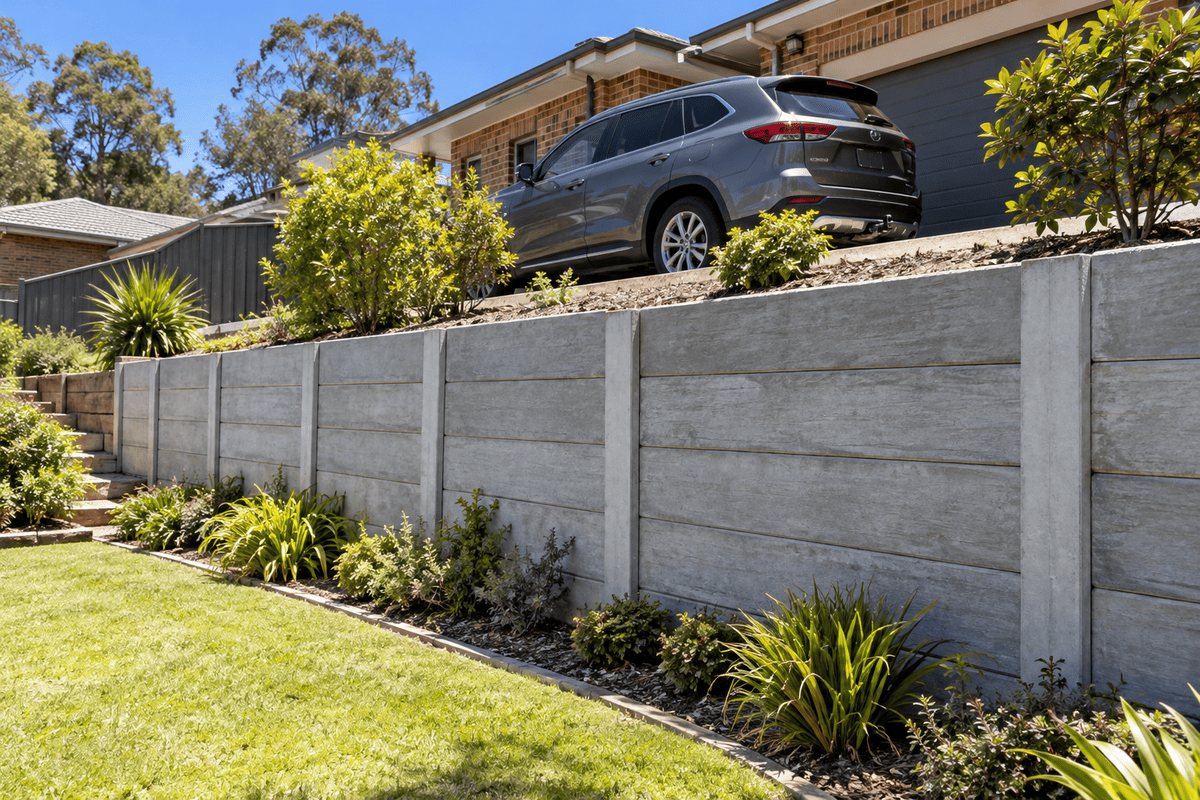 Concrete retaining wall below an elevated residential driveway