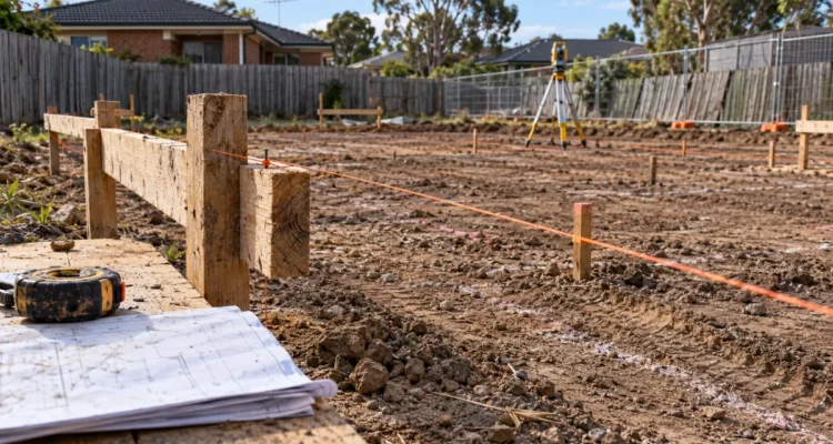 Timber profiles and string lines marking an Australian building site.