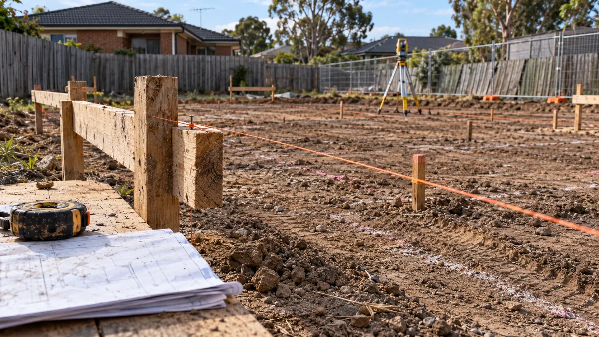 Timber profiles and string lines marking an Australian building site.