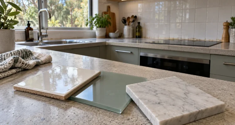 Tile, glass and marble splashback samples on a kitchen benchtop.