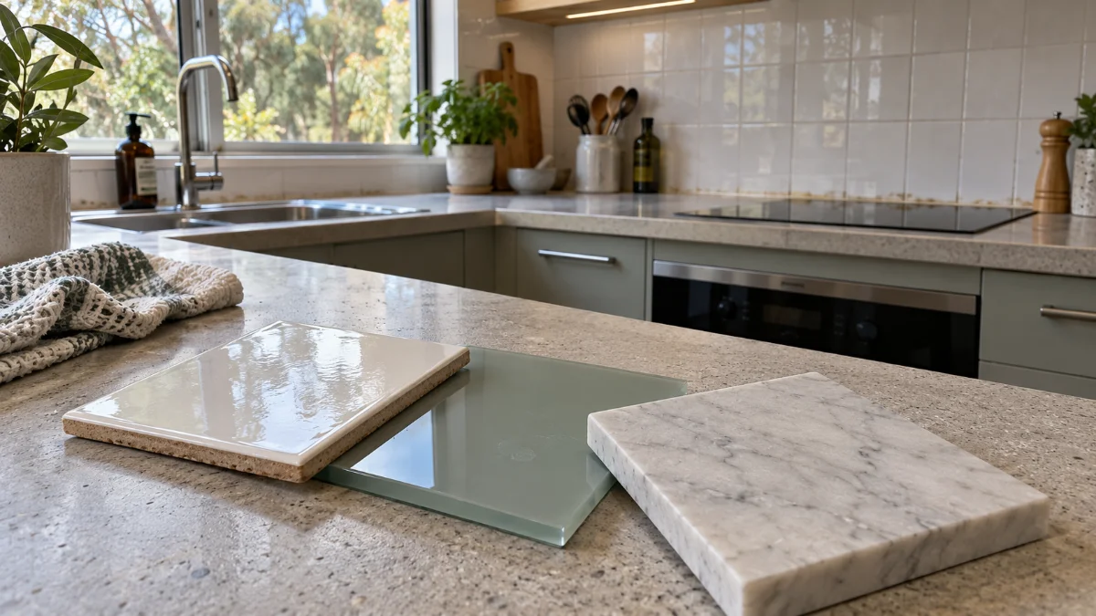 Tile, glass and marble splashback samples on a kitchen benchtop.