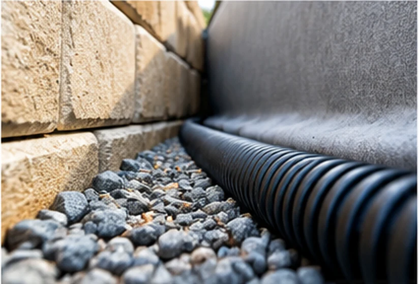 Perforated subsoil drain laid beside gravel behind a retaining wall