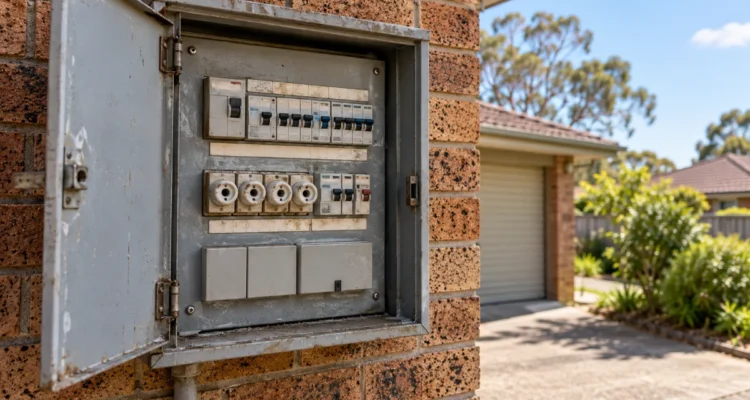 Older household switchboard mounted on a brick wall outside an Australian home.
