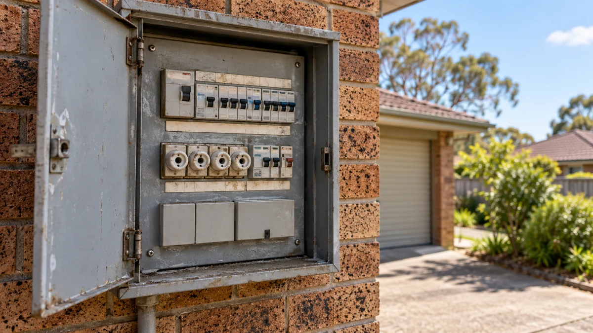 Older household switchboard mounted on a brick wall outside an Australian home.